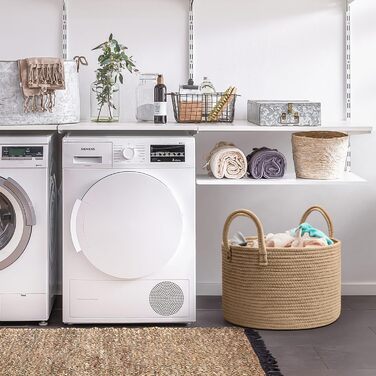 Rieeyrslza Laundry Basket for Blankets 32L Woven Laundry Collector Cotton Rope Basket Foldable Versatile Storage Basket with Handles Suitable for Living Room and Bedroom (Jute)