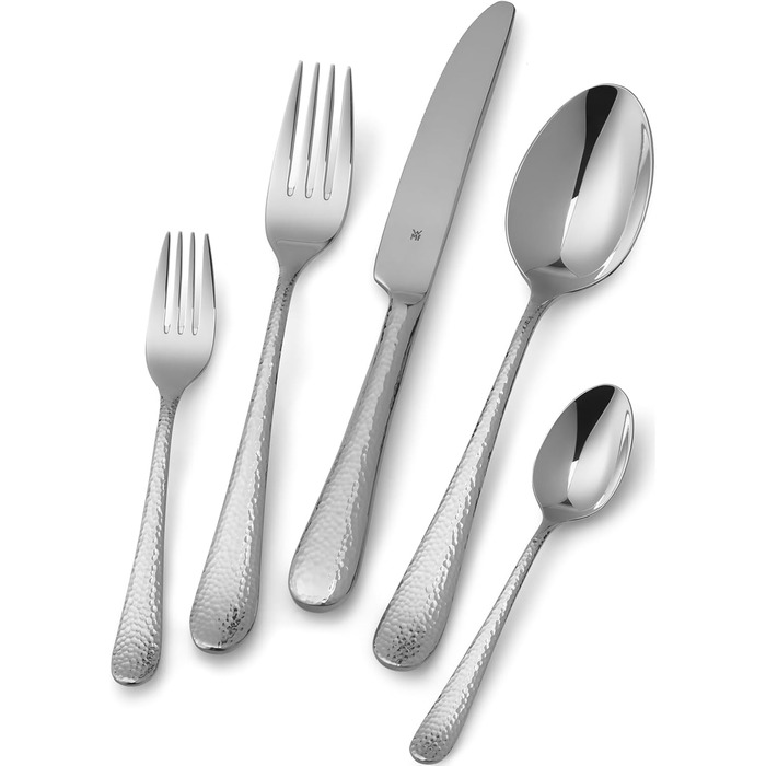 WMF Sitello Cutlery Set, 6 Persons, Cromargan, 30-Piece Dinner Cutlery Set, Monobloc Knives, Cromargan Stainless Steel Polished, Hammered, Ergonomic, Glossy, Dishwasher-Safe, Silver