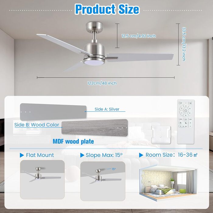 Стеляний вентилятор Newday з дерева білого кольору, 122 см з підсвіткою та пультом керування. Тихий вентилятор на стелю з лампою, регульована яскравість, DC мотор, реверсивний режим для спальні та вітальні (122-silber-holz)