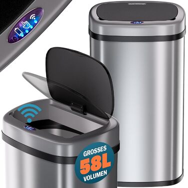 Monzana Sensor Trash Can - 58L Automatic Kitchen Waste Bin with Motion Sensor, Soft-Close Lid, Waterproof, Smart USB Rechargeable - Silver