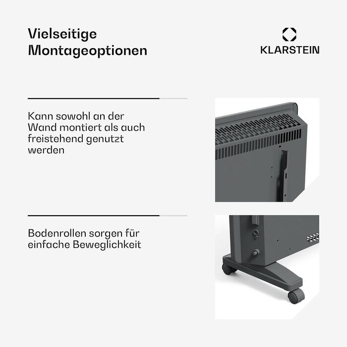 Klarstein Bansin Crystal Smart конвекторний обігрівач – 1500 Вт, настінний/вільний, LED-дисплей, керування через додаток, енергоефективний, захист від перегріву та замерзання, блокування від дітей, ідеально для вітальні
