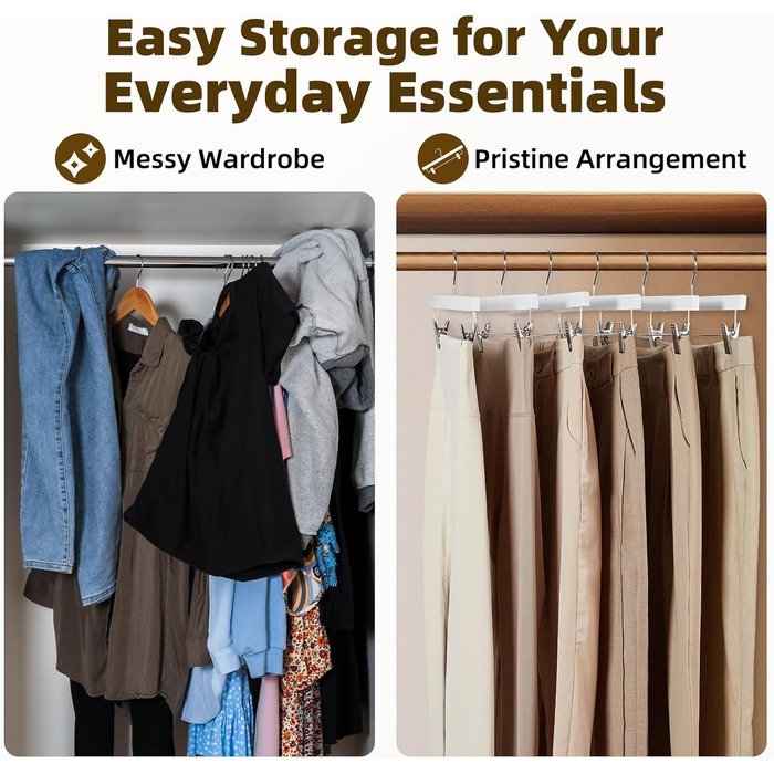 Дерев'яні вішалки для штанів та одягу HOUSE DAY, 25 шт. з кліпсами, білі, 35,5 см, поворотний гачок 360°