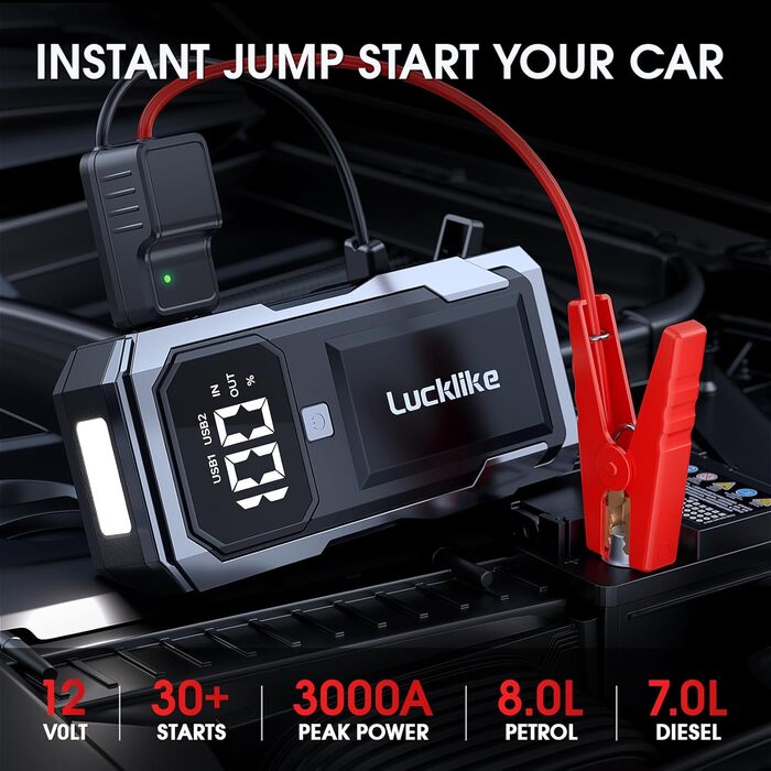 Powerbank для запуску двигуна Lucklike: 3000A, LED-ліхтарик, для авто та мото (до 8.0L бензин/7.0L дизель)