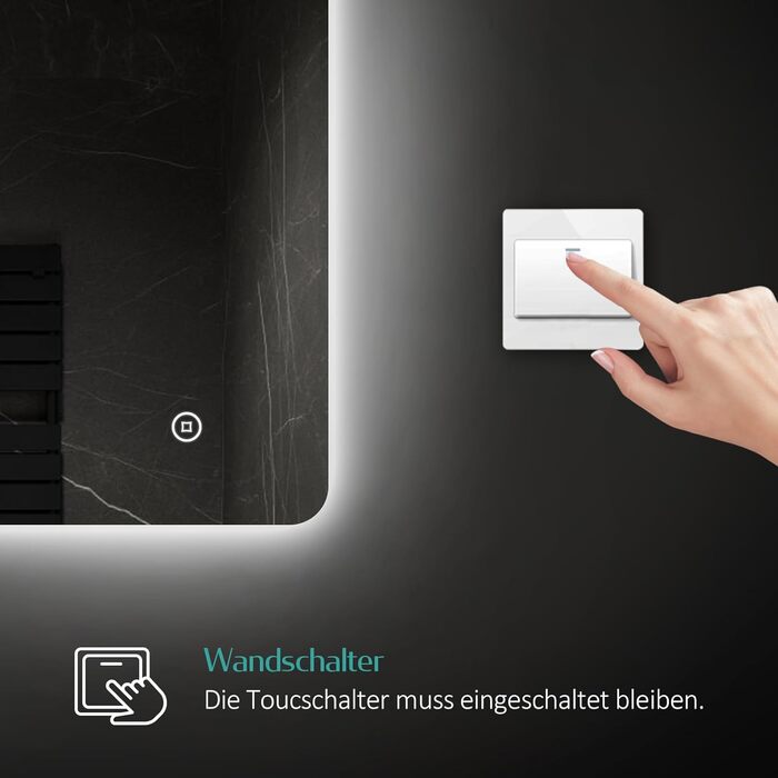 Дзеркало для ванної кімнати EMKE з підсвічуванням 50x70 см, проти запотівання, 3 кольори світла, диммування, сенсорне управління, функція пам'яті та автоматичне вимкнення через 3 години