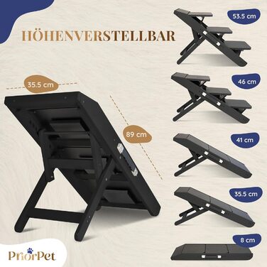 Сходинки для собак на ліжко та диван 2-в-1 - регульована рамка для собак, 18-50 см - для маленьких собак - легкі сходинки з платформою, натуральне дерево (чорний)