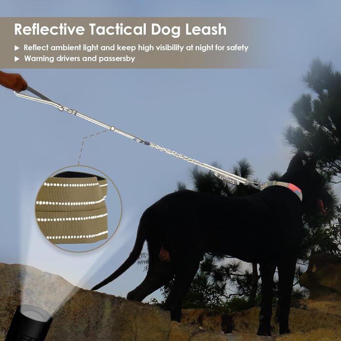 Тактична повідок для собак AUBELL, міцна, світловідбиваюча, без натягу, з амортизатором, для середніх та великих собак, з зручним двошаровим ручним захопленням, автомобільний ремінь безпеки, обертання на 360°, зелений (4-6 футів, коричневий)