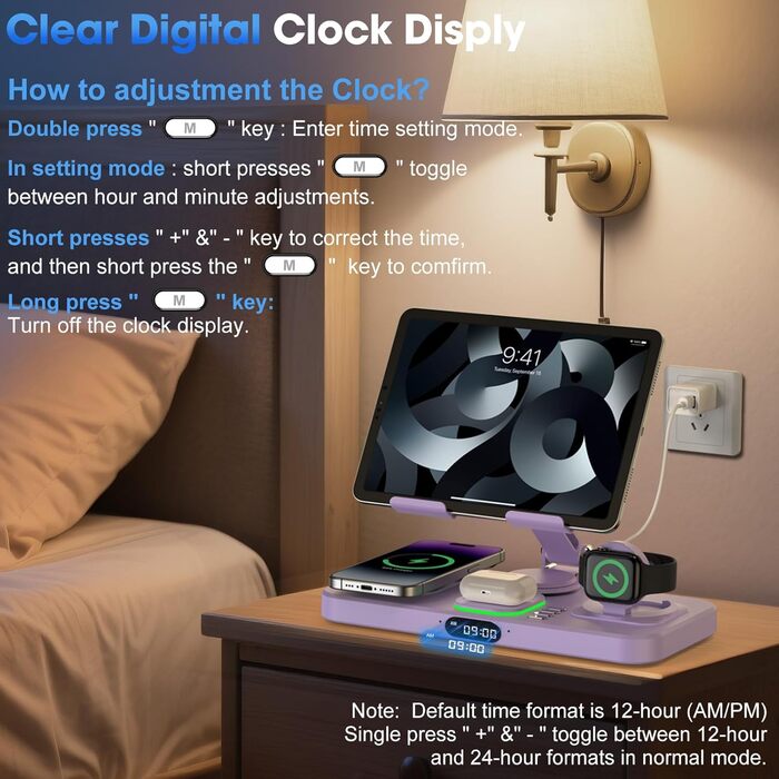 Багатофункціональна бездротова зарядка 6-в-1 для Apple: iPhone, iPad, Apple Watch (фіолетовий) з підсвіткою та регульованим підсвіткою