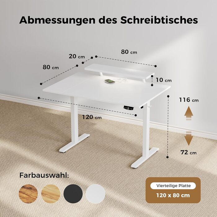 Електричний регульований стіл Agilestic з підсвічуванням, USB-портом та мобільним кріпленням для монітора, 120 x 80 см (Білий)