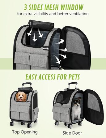 Pecute Rolling Backpack for Dogs and Cats, Dog Trolley Cat Carrier with Mesh Window, Foldable Travel Bag, Lightweight Dog Stroller, Grey