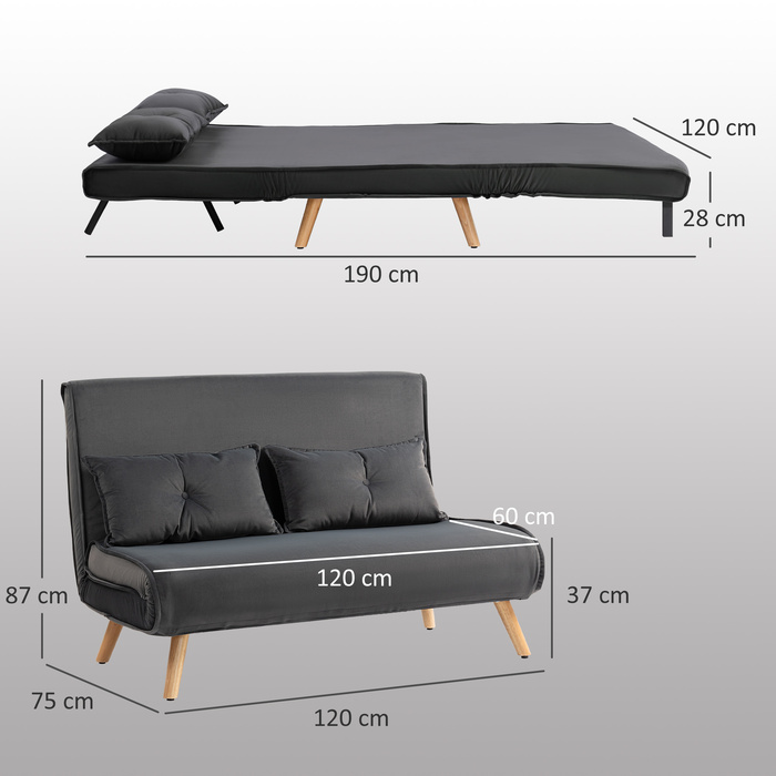 HOMCOM 2-Seater Sleeper Sofa, Convertible Sofa Bed, Adjustable Backrest, Fabric Upholstery, Metal Frame, Gray