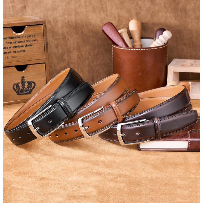 Чоловічий шкіряний ремінь VRLEGEND 35 мм для бізнесу та офіційних заходів, ремінь до костюма, з подарунковою коробкою (колір коричневий, розмір 120 см/140 см)