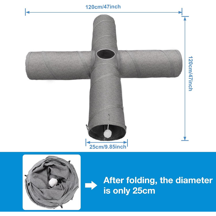 Cat Tunnel Toy, 4-Way Collapsible Cat Tunnel for Indoor Cats, Interactive Peek Hole, Pet Tunnel with Cat Wand Toy