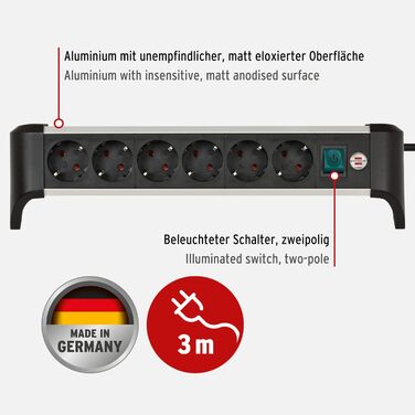 Смуга розеток Brennenstuhl Alu-Office-Line 6-фазна з алюмінію для столу (з вимикачем та 3м кабелем), Made in Germany