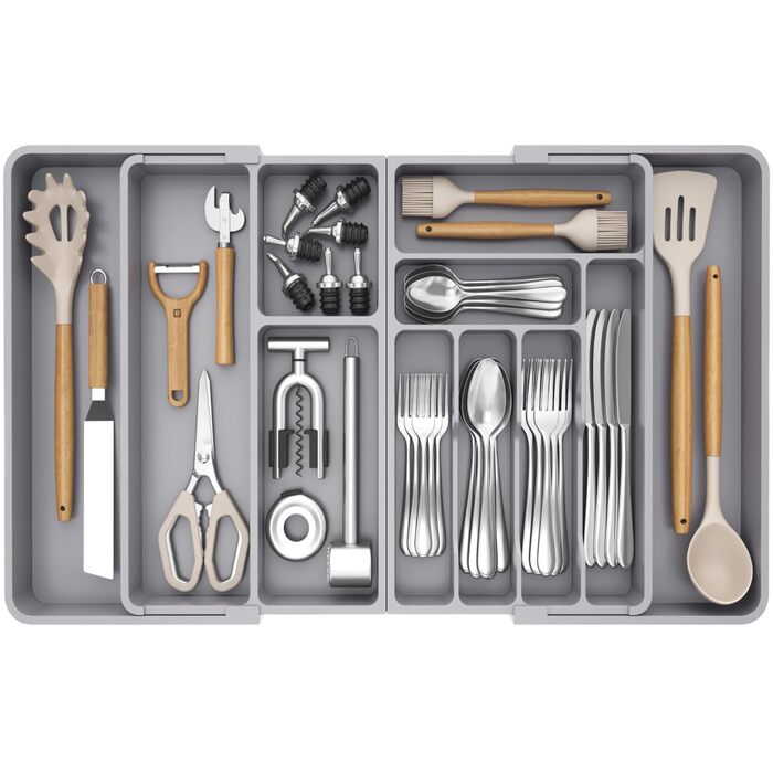 Органайзер для столових приборів Lifewit в шухляду, регульований (54-91 см), сірий, 9-11 відділень, пластиковий