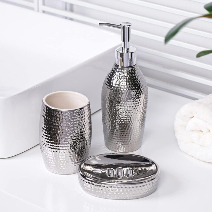 Silver Bathroom Accessories Set – 3-Piece Decorative Ceramic Bathroom Accessories Set with Lotion Soap Dispenser, Toothbrush Holder/Cup, and Soap Dish, Silver Gift Set for New Home Decor