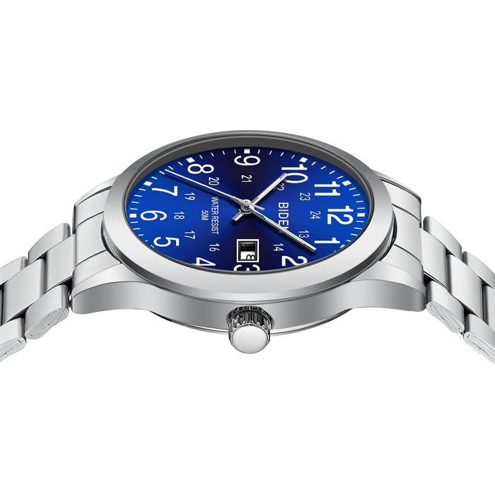 Годинник чоловічий LENQIN з нержавіючої сталі, аналоговий кварцовий годинник на зап'ястя, водостійкий 30M, стильний повсякденний годинник для чоловіків (01 - Сріблястий/Синій)