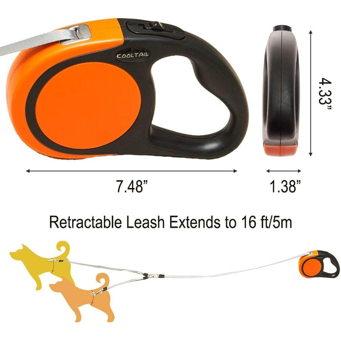 KOOLTAIL Double Dog Leash - Retractable 4.8m for Two Dogs Up to 50kg - Durable, Tangle-Free, with Brake