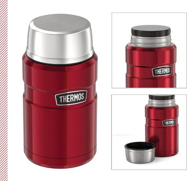 Thermos STAINLESS KING FOOD JAR 0.71L, Cranberry Red. Stainless steel food container, 14 hours hot / 24 hours cold, absolutely leak-proof for soup, muesli, stew. Large food Thermos container, dishwasher safe, 710 ml (no spoon included). More content, Cranberry Red.