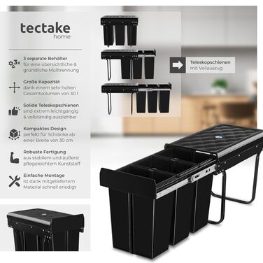 Кухонний сміттєвий кошир tectake на 3 камери з телескопічними направляючими, 31 л (2х8л + 15л), для сортування відходів, чорний