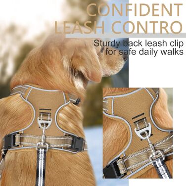 Шлейка для собак HEELE з регулюванням натягу, світловідбиваюча, для середніх собак, з м'якою ручкою, 1 пряжка, легко одягається, коричнева, розмір M, обхват грудей 38-71 см, Uni-Khaki