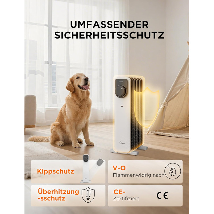 Електричний масляний радіатор Midea 2000W з 9 ребрами, термостатом та захистом від перегріву, 3 режими нагріву, тихий, для дому та офісу