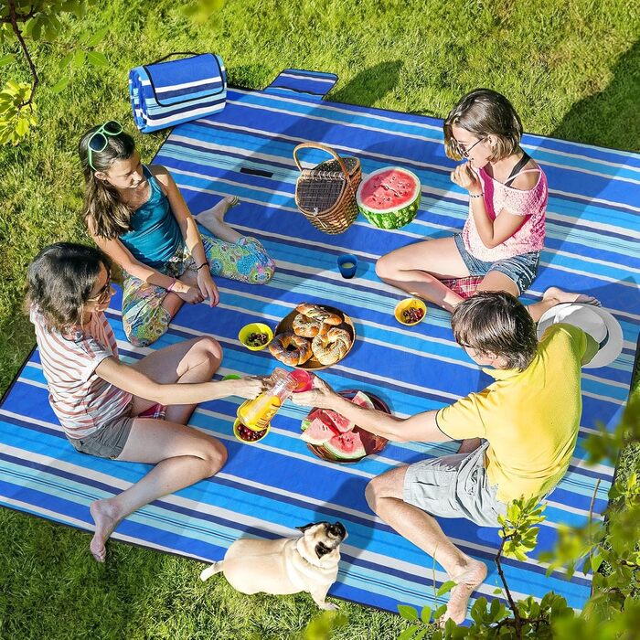 Водонепроникний плед для пікніка Boho 200x200см, XXL. Плед для пікніка, пляжу, кемпінгу, з бавовни, пісконепроникний, пральний, туристичний. Синій у смужку
