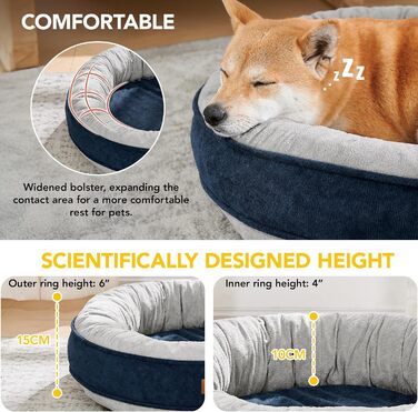 М'яке кругле ліжко для собак та котів Deconovo, Donut, Ø 61 см, ортопедичне, Navy Blue