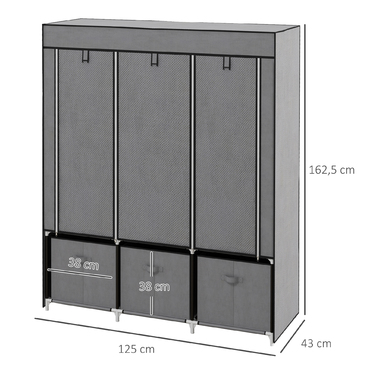 HOMCOM Folding Wardrobe, Fabric Closet, Zipped Folding Cabinet, Non-woven Fabric, Dark Grey, 125x43x162.5cm | Aosom