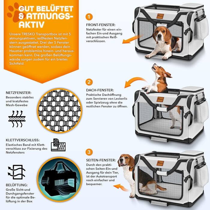Транспортна переноска для собак та котів TRESKO® S (50x34x34 см) з підкладкою, шпателем та відбивачами | Переноска для собак та котів | Міцна переноска для собак, сіра