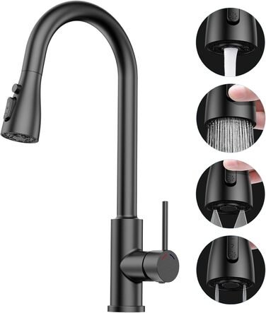 Змішувач кухонний висувний з нержавіючої сталі з 360° обертанням та 4 режимами, для кухонних мийок, з ABS-розпилювачем, підходить лише для ЄС (G3/8)