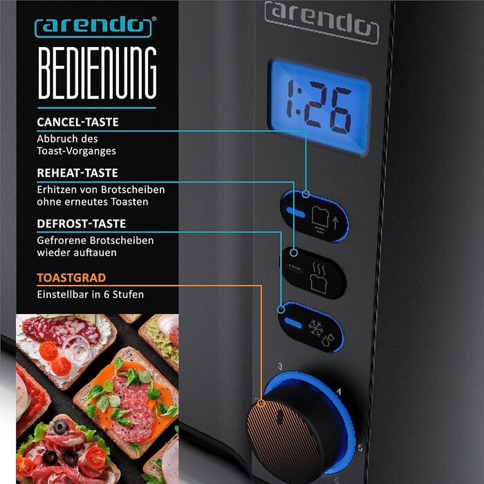 Тостер Arendo з нержавіючої сталі з 4 широкими слотами, подвійними стінками, тримачем для булочок, 6 ступенів підсмажування, центровкою хліба, автоматичним вимкненням та дисплеєм з індикатором часу (чорний)