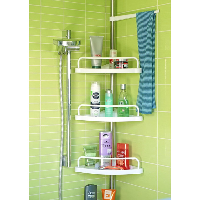 Stardis Telescopic Corner Shelf, Stainless Steel, Rust-Proof with 4 Shelves, Shower Shelf, Telescopic Shelf for Shower, Bathroom, Shower Shelf, Height Adjustable from 120-300 cm, Grey