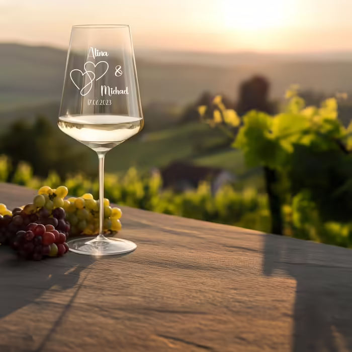 Engraved Max Leonardo Wine Glasses Set of 2 with Wooden Box and Engraving for Him & Her. Only Love Matters. Personalized with Name & Date. Heart-Shaped Glass Leonardo Puccini 560ml