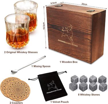 Набір для віскі з кубиками льоду – 8 шт. та 2 склянки, дерев'яна коробка, подарунок для чоловіків та жінок