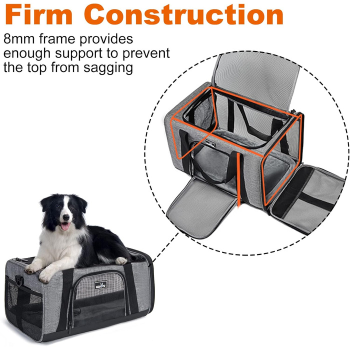 Транспортна переноска для котів та собак, що складається, для подорожей літаком. Підходить для великих котів та цуценят. Сіра переноска для тварин, розмір L (45x28x28 см)