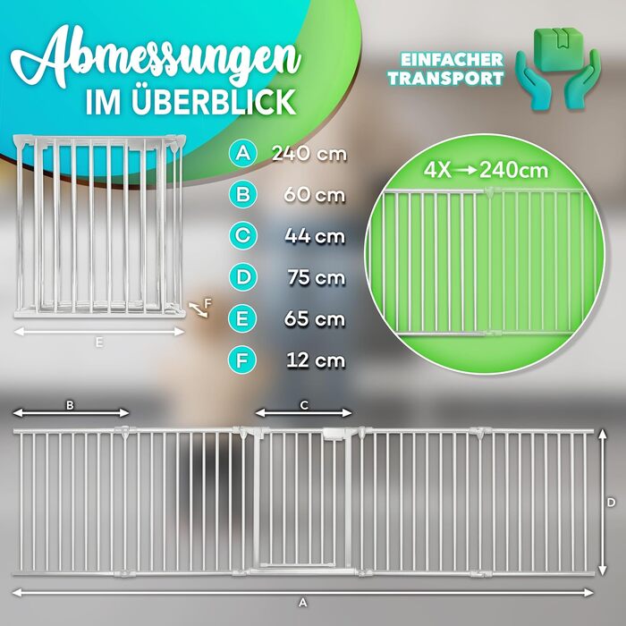 Сітка для каміну KIDUKU® з дверцятами | Захисна сітка для каміну, металева, складна | Конфігураційна сітка, 10 елементів (240 см, сіра)