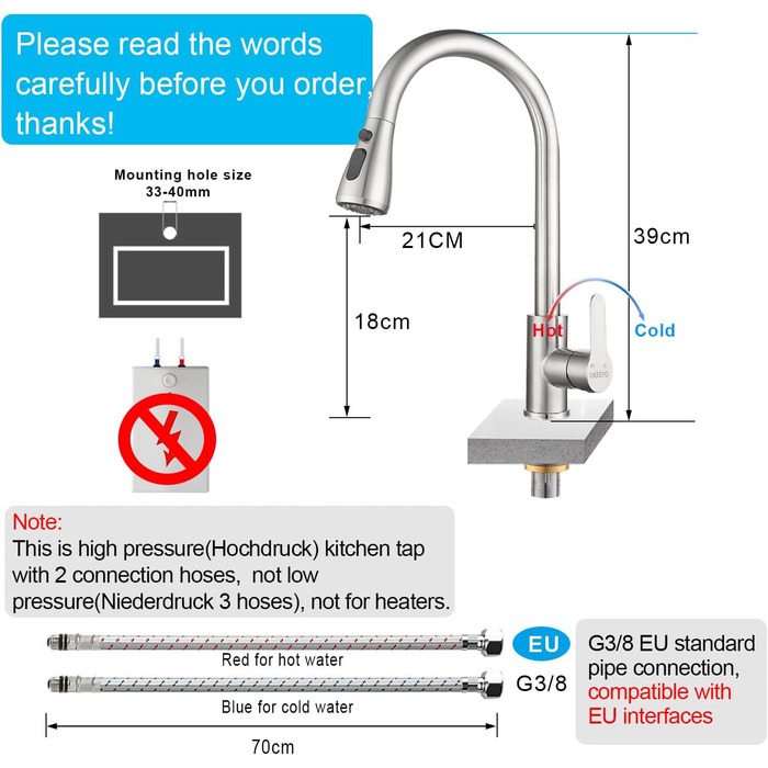 Кухонний змішувач з висувною лійкою, високопродуктивний, з трьома режимами, з нержавіючої сталі, з покриттям 