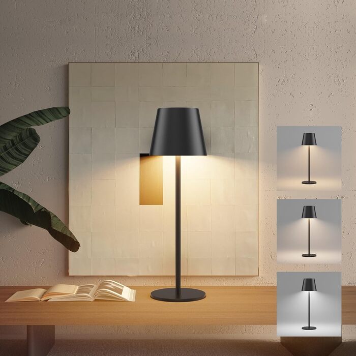 LED настільна лампа K-Bright з регулюванням яскравості, акумуляторна, бездротова, 3000K/4000K/6000K, 3 колірні температури, USB-C, IP54, чорна