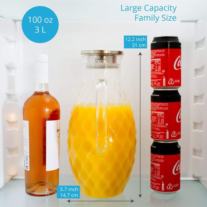 Borosilicate glass carafe with lid - Glass carafe with unique diamond pattern for 3 liters of cold or hot water - Water carafe and drink dispenser for homemade iced tea and juice