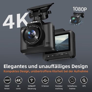 Відеореєстратор Auto Dashcam 4K+1080P з GPS, WiFi, паркуванням, подвійний об'єктив, 32GB карта пам'яті, 170° кут огляду, Super нічне бачення, G-сенсор, циклічна запис, керування через APP, Max 256GB, чорний