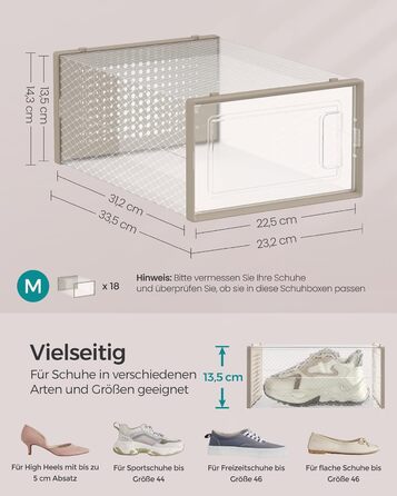 SONGMICS Shoe Boxes, 18-Piece Set, Plastic Shoe Organizer, Foldable and Stackable, for Shoes up to Size 44, Transparent-White LSP18SWT (Transparent + Oatmeal Beige, 18-Piece Set for Shoes up to Size 44)