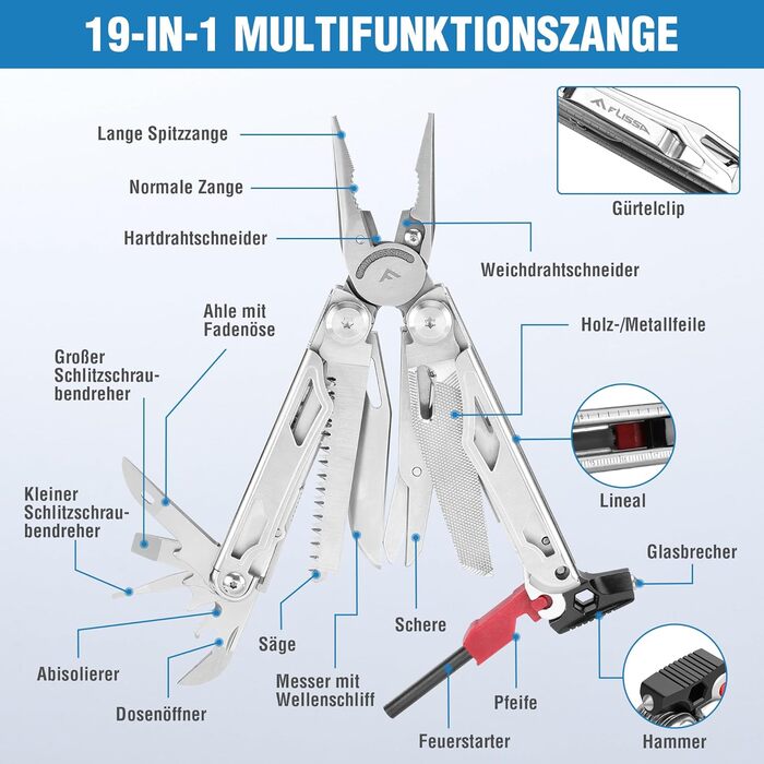 FLISSA 19-in-1 Multifunction Pliers - Multitool with Glass Breaker & Fire Starter - Stainless Steel Camping & Repair Tool with Carrying Case