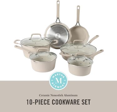Набір посуду емальований Martha Stewart Lockton Premium 10 предметів, керамічне антипригарне покриття без PFA, алюміній, колір - кремовий