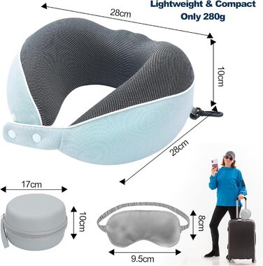 Подушка для шиї Comfy - подорожі літаком/автомобілем, memory foam, маска для сну, 360° підтримка (Морська блакить)