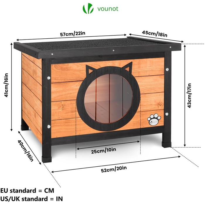 Будинок для котів VOUNOT® з асфальтовим дахом, вулиця, 57 x 45 x 43 см (дерево, вушка кота)