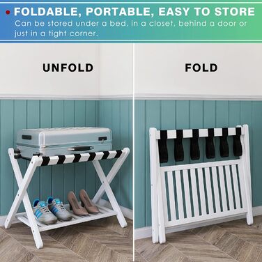 SMIBUY Luggage Rack, 2-Pack, Foldable Bamboo Suitcase Stand with Shelf for Guest Room, Bedroom, Hotel, Heavy-Duty (White)