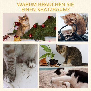 PawHut Драбина для котів з ротангу з котячою печерею, 3 яруси, іграшка-м'ячик, сизаль та м'який плюш, 108 см, коричневий та бежевий