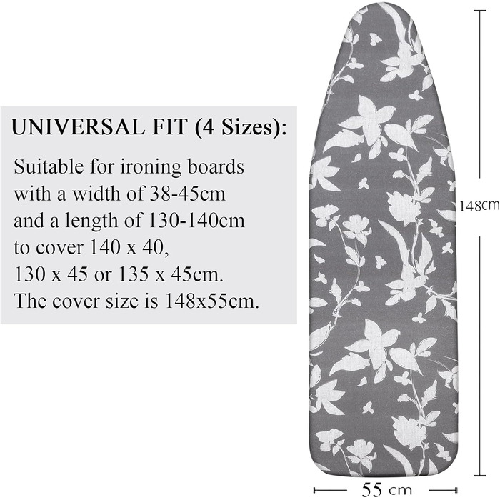Чохол для гладильної дошки, 140 x 50 см, великий, з бавовняним покриттям, посилений, антибац. сірий квітковий, XXL