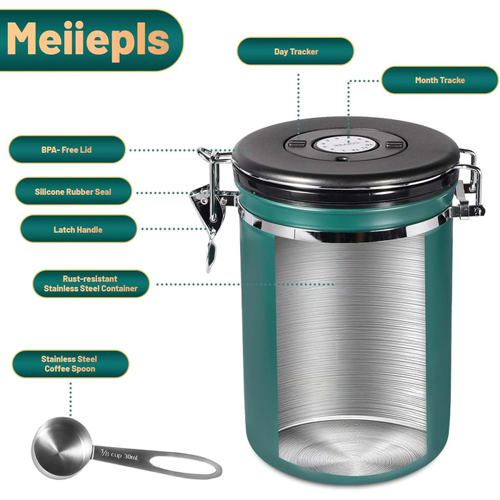 Герметичний контейнер для кави з нержавіючої сталі 1,8L, вакуумна кавова банка, контейнер для кавових зерен з нержавіючою ложкою та датчиком часу, для зберігання кави, чаю, горіхів, какао, щоб довше залишатися свіжими