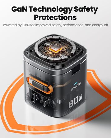 Зарядний пристрій Toocki 80W GaN з USB-C та USB-A, 6 портів, з вбудованим кабелем та MagSafe для MacBook, iPhone 17 Pro Max, Galaxy S24 та інших пристроїв